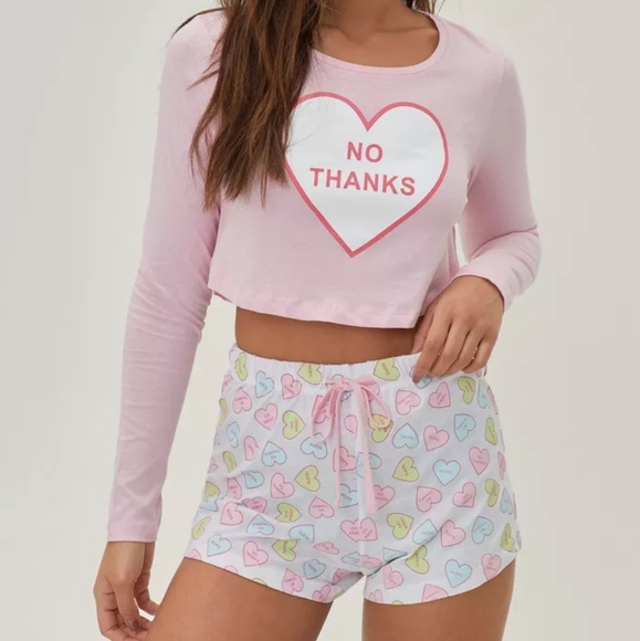 Brave Soul Conversation Hearts Jersey Pajama Shorts Set - Picture 1 of 3